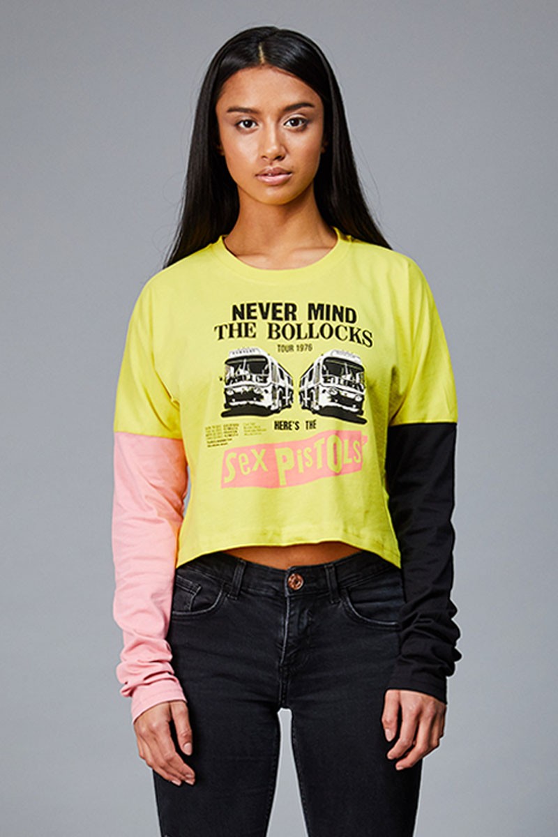 THE BOLLOCKS黑粉拼接短款长袖T恤 - 黄色